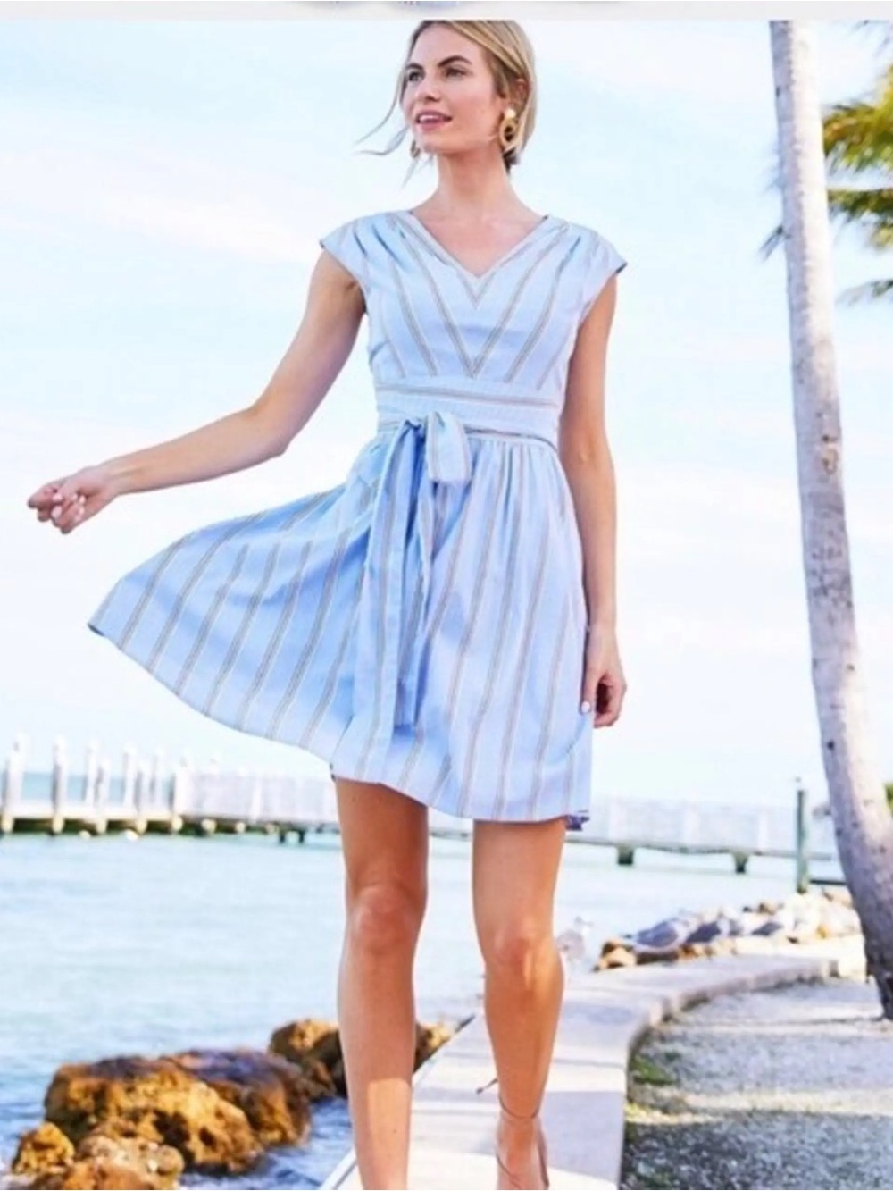Vineyard Vines Stripe Seersucker Tie Dress in Bimini Blue, Size 8